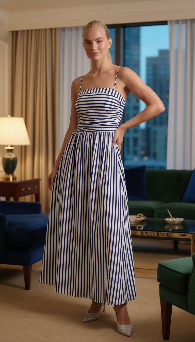 Blue striped flowy maxi dress, front view