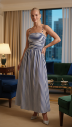 Blue striped flowy summer maxi dress detail