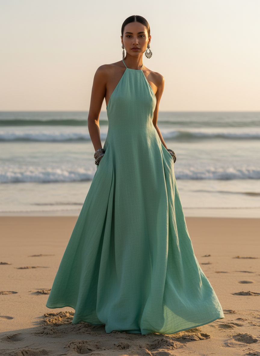 Black linen-blend halter neck maxi dress detail