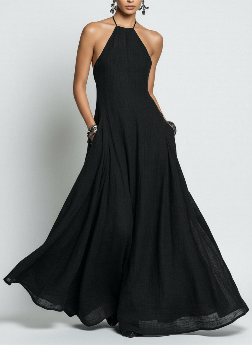 Sleeveless linen-blend halter maxi dress in purple