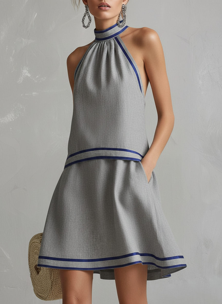 Close-up of the halter mini dress fabric texture and piping