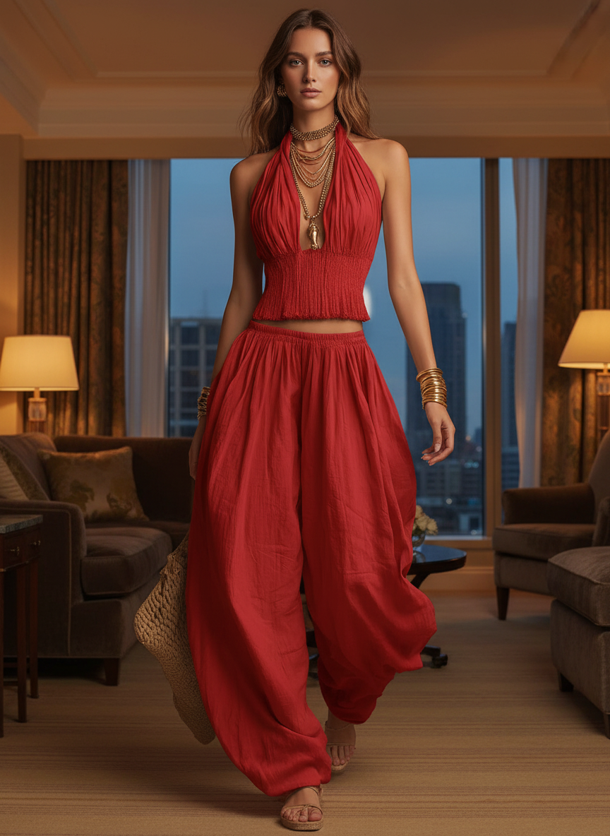 Women's Two-Piece Set — Halter Crop Top & Harem Pants