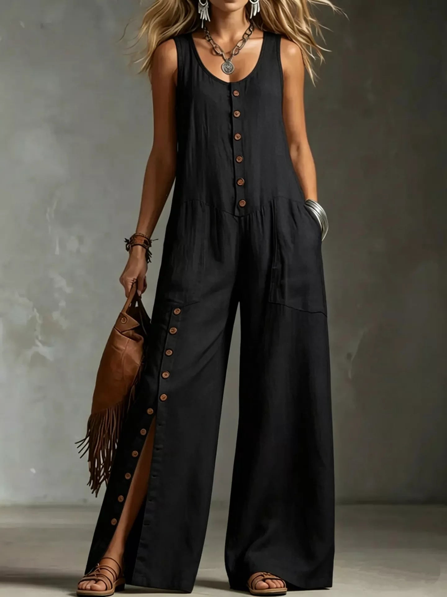 Sleeveless wide-leg jumpsuit in Black - front view