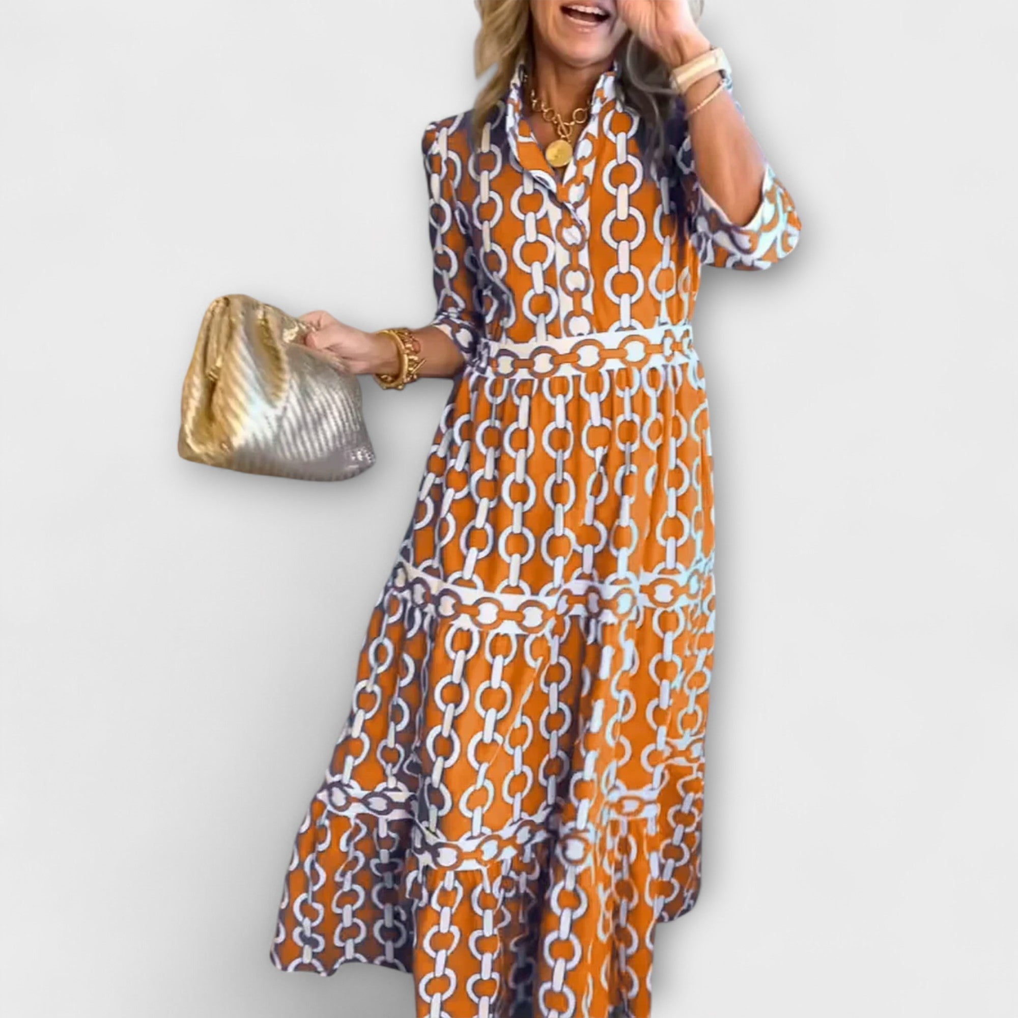 Orange chain-print midi dress