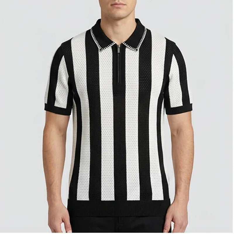 Model wearing Black Knit Polo Shirt in studio