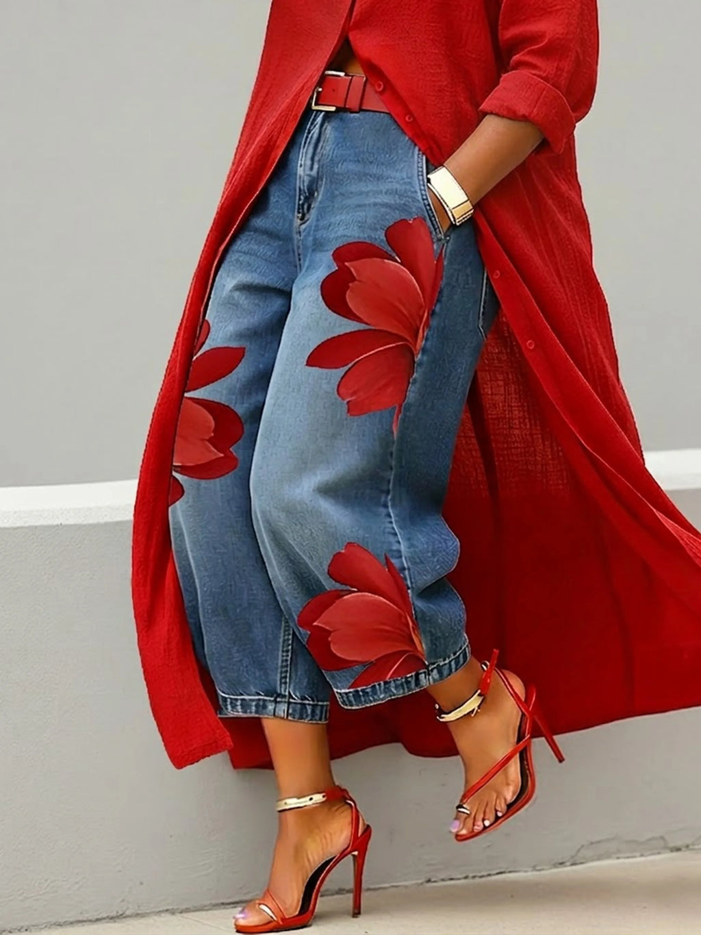 Floral-print high-waist wide-leg jeans Red
