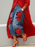 Floral-print high-waist wide-leg jeans Red