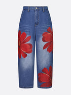 Floral-print wide-leg jeans detail