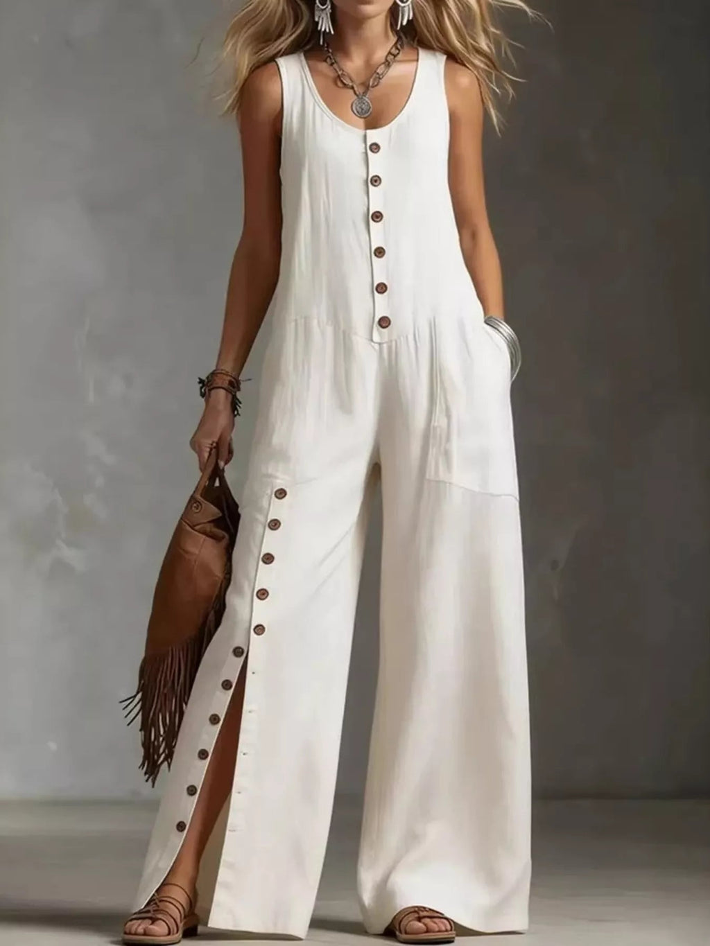 Model in off-white linen maxi dress