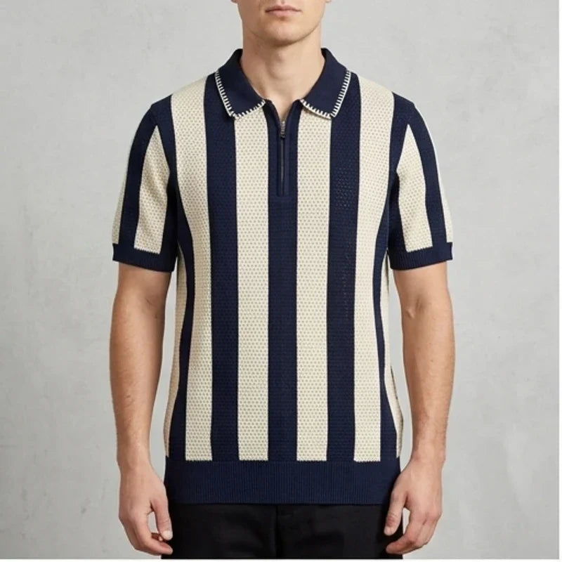 Model wearing Blue Knit Polo Shirt in studio
