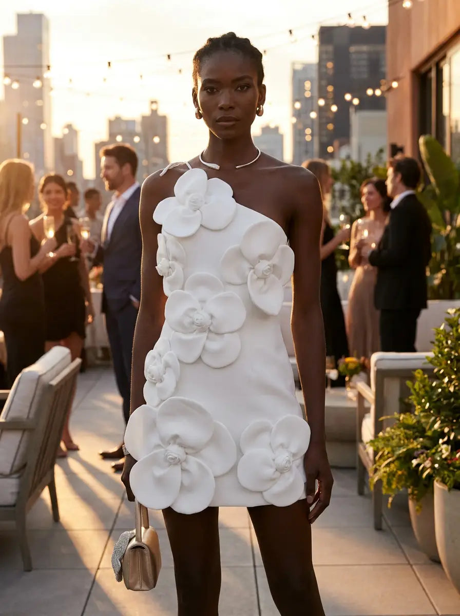 Model wearing the white asymmetrical off-shoulder cocktail dress in an elegant evening setting