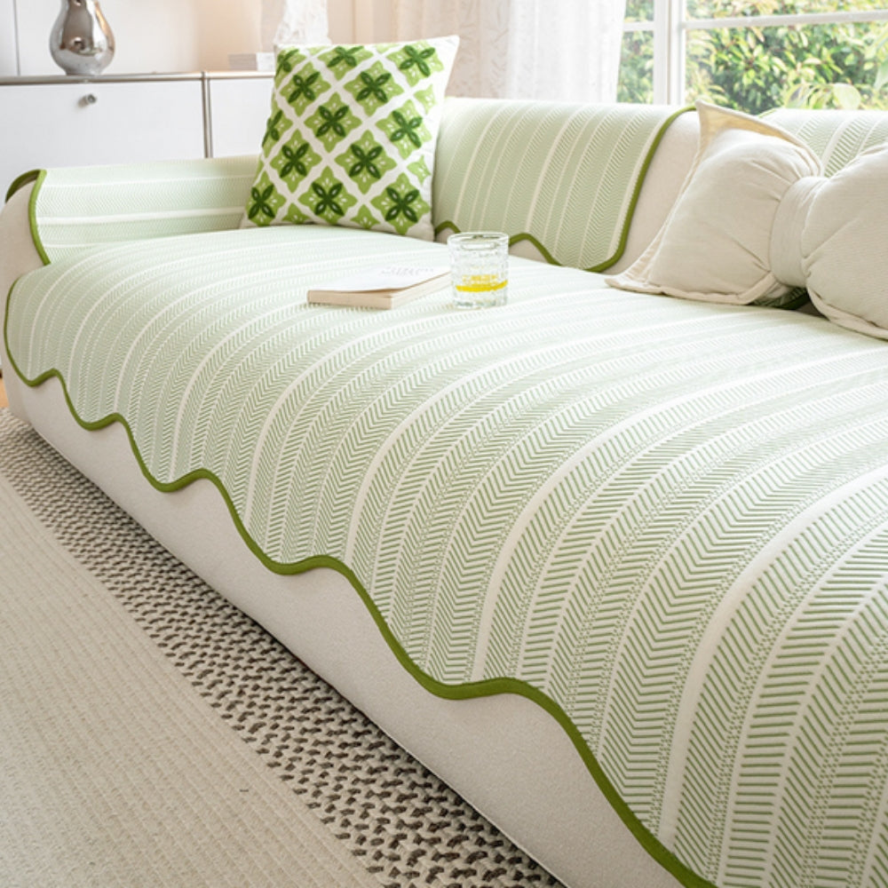 Sage Stripe herringbone scallop-edge sofa cover