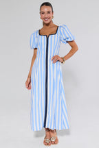 Avara x Natasha | Blue Striped Maxi Dress with Square Neckline | Elegant A-Line Silhouette for Effortless Styling