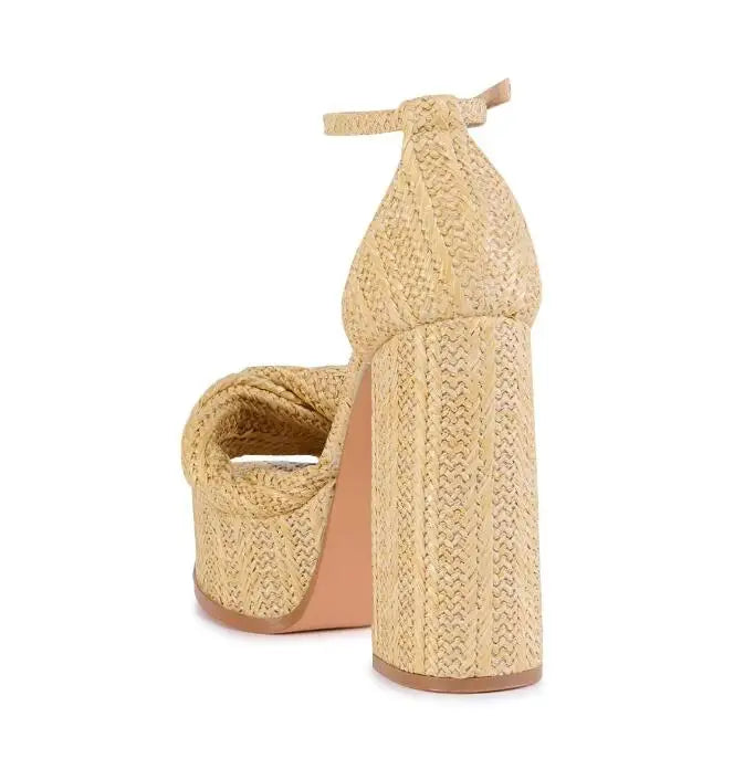 Woven Cane-Strap Platform Heel Sandals — Women's