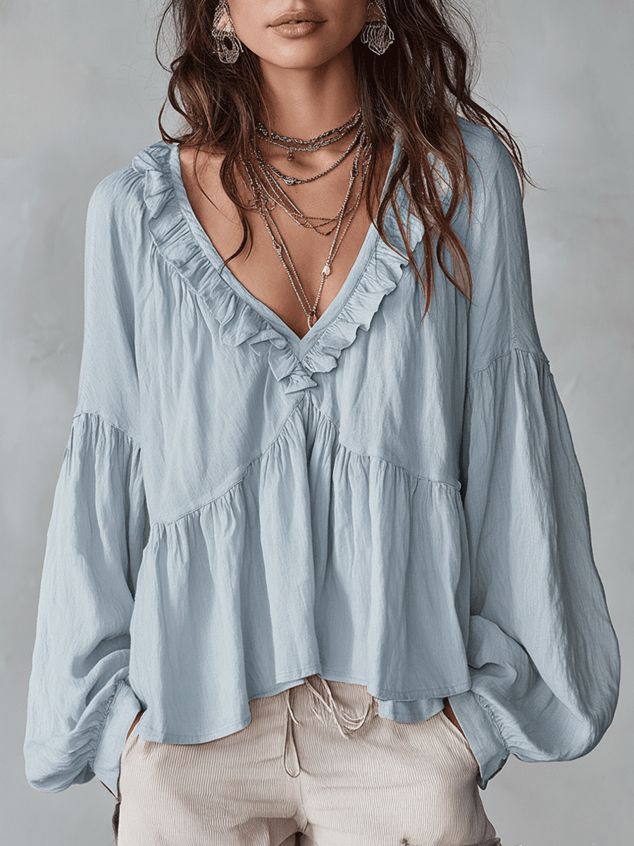White boho ruffle blouse - lightweight summer top