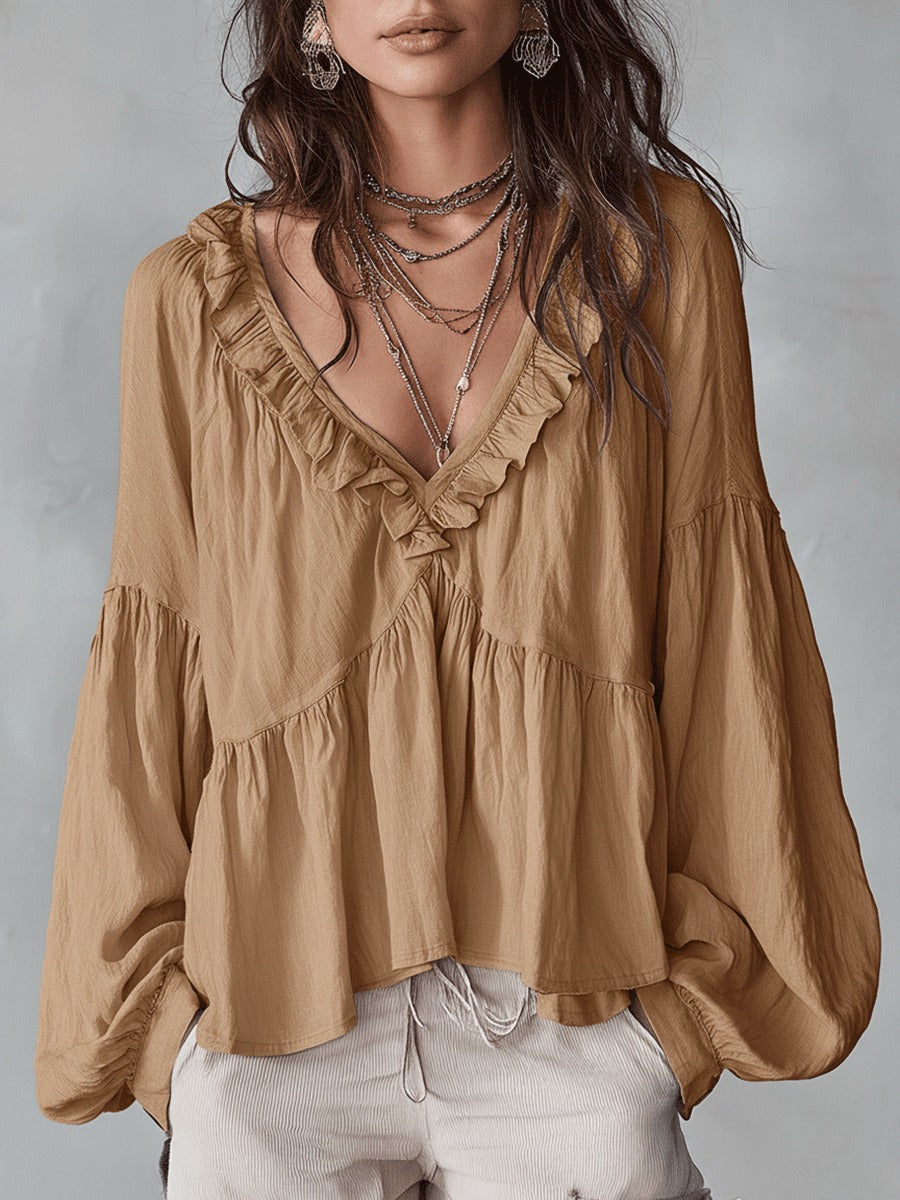 Boho Chic | Women's Blouse with Puff Sleeves & V-Neck | Relaxed Fit Summer Top for Effortless Style