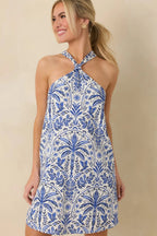 Women's Catching Waves Blue Toile Tie-Back Halter Mini Dress | 75% Rayon & 25% Linen 0