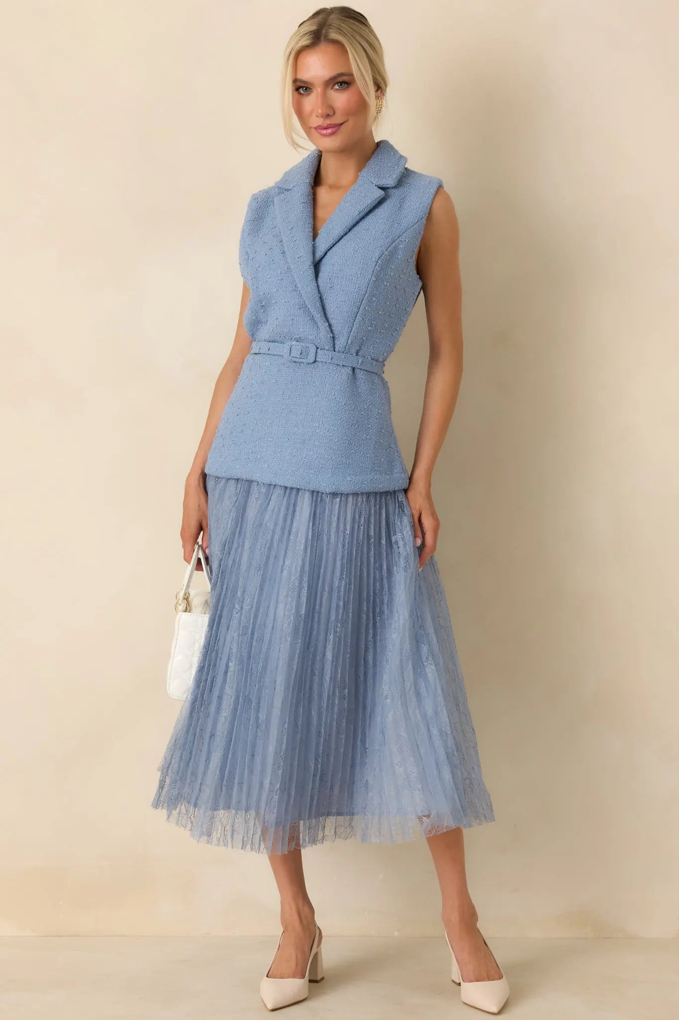 Women's Caught You Smiling Cornflower Blue Textured Woven Belted Lace Midi Dress | Self: 70% Polyester & 30% Wool 2
