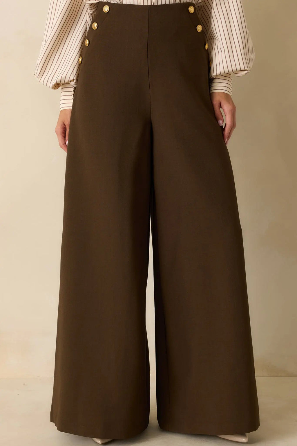 Women's Chart the Course Dark Brown Wide Leg Button Pants | 95% Polyester & 4% Spandex 4