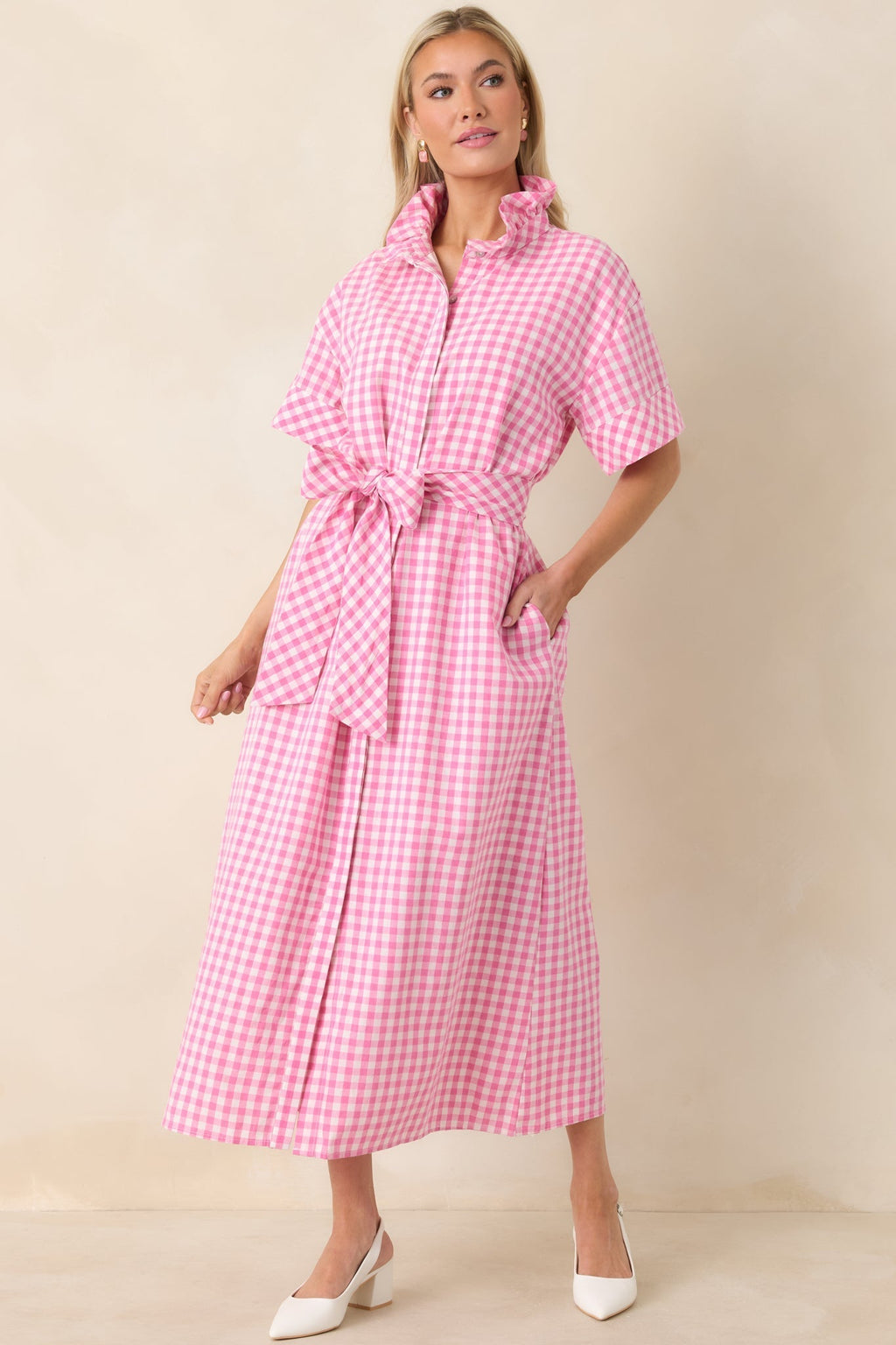 Women's Check Me Out Pink Gingham Ruffle Collar Belted Maxi Dress | 72% Cotton 3