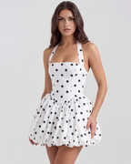 Women's Black Polka Dot Mini Dress with Square Halter Neckline –...