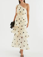 Chic Polka Dot One-Shoulder Ruffle Dress with Tiered Design | Stylish Summer Dress for Effortless Elegance