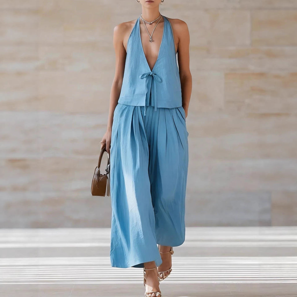 Chic Women's Sleeveless Vest & Wide-Leg Matching Set | Lace-Up Summer Co-Ord