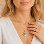 Model wearing birthstone heart necklace