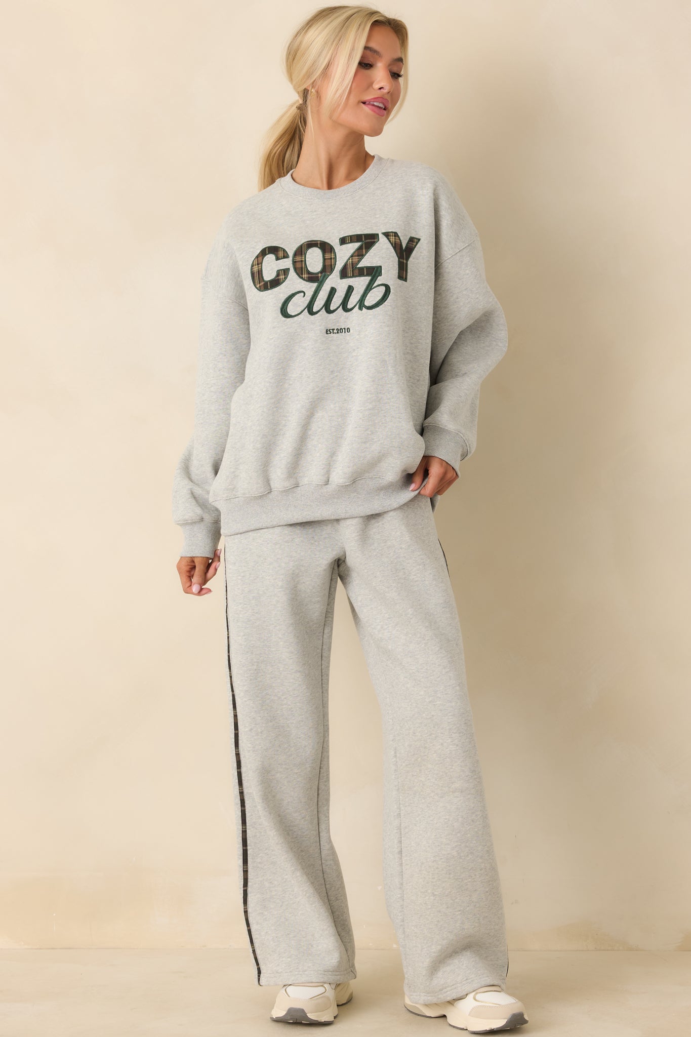 Women's Cozy Club Heather Grey Plaid Stripe Sweatpants | 50% Polyester & 50% Cotton Contrast: 98% Polyester 1