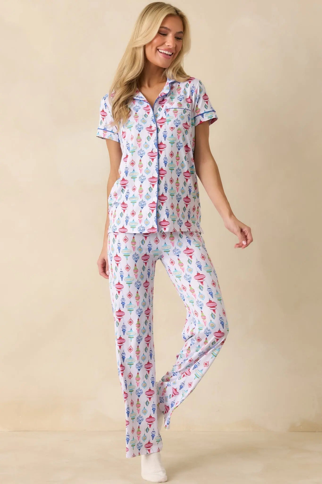 Women's Decked In Delight White Multi Ornament Pajama Pants | 95% Polyester & 5% Spandex 1