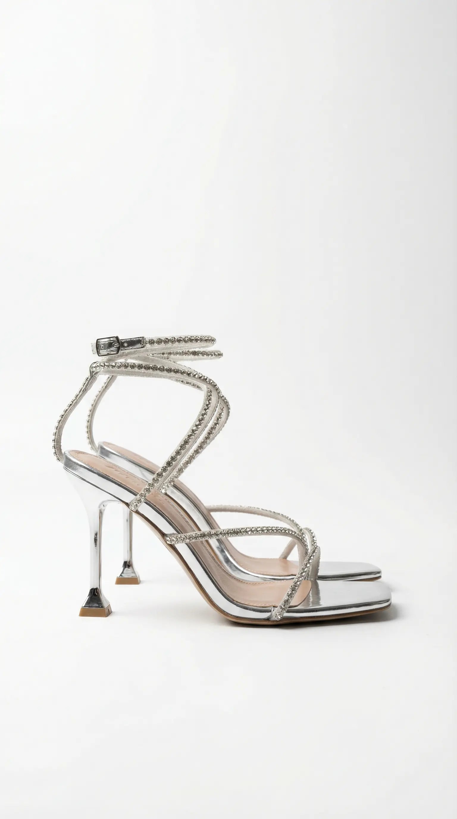 Women's Elegant Ankle Coil Mid Heels with Rhinestone Straps | Chic Stiletto Sandals for Glamorous Occasions | Glittering 3