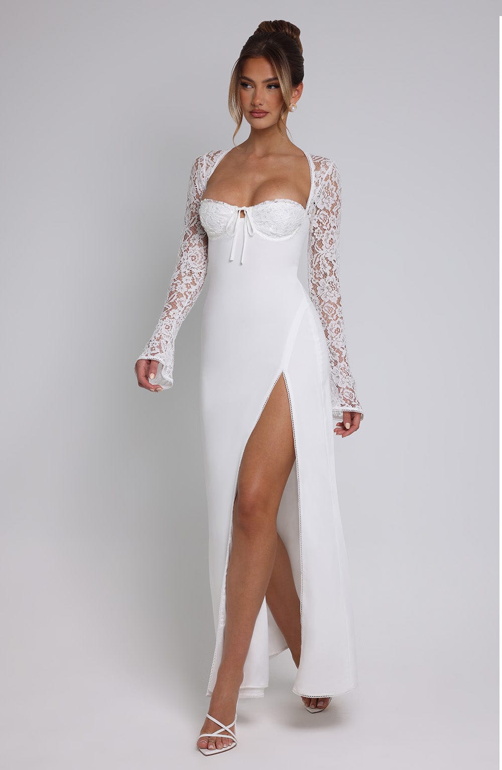 Long Sleeve Maxi Dress with Sheer Lace Sleeves – Flattering Gown
