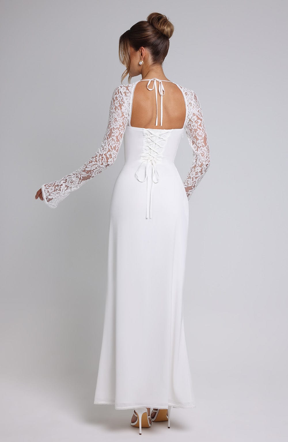 Long Sleeve Maxi Dress with Sheer Lace Sleeves – Flattering Gown