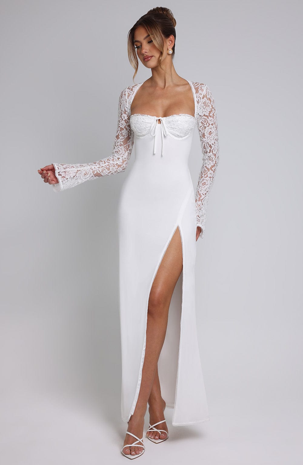 Long Sleeve Maxi Dress with Sheer Lace Sleeves – Flattering Gown
