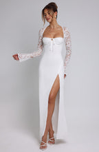 Long Sleeve Maxi Dress with Sheer Lace Sleeves – Flattering Gown