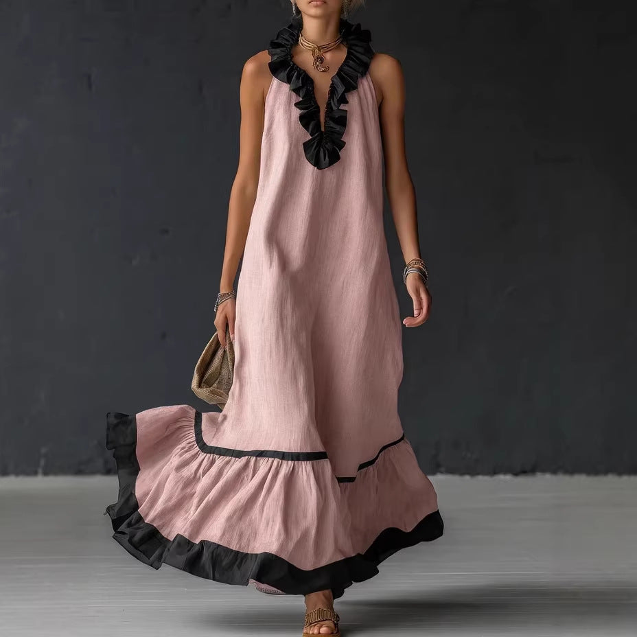 Sleeveless V-Neck Ruffle-Hem Maxi Dress