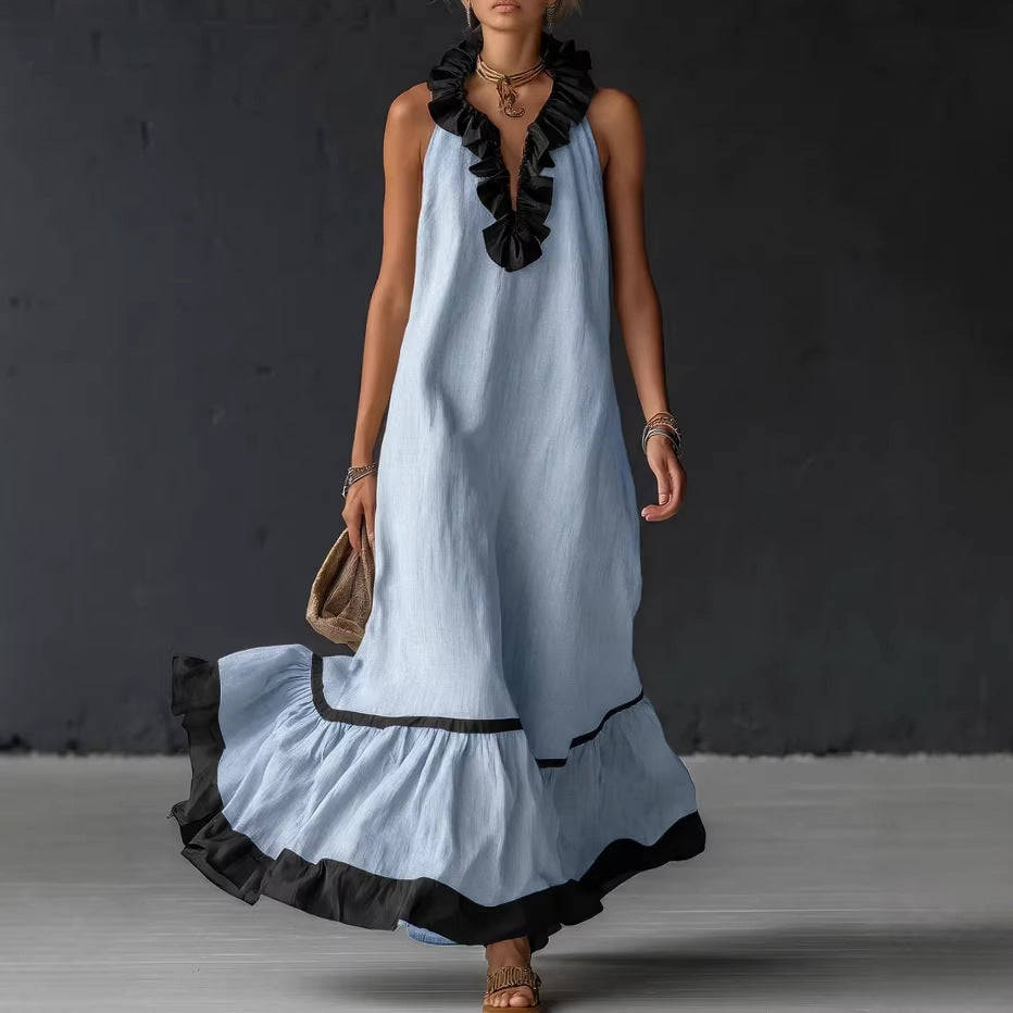 Sleeveless V-Neck Ruffle-Hem Maxi Dress