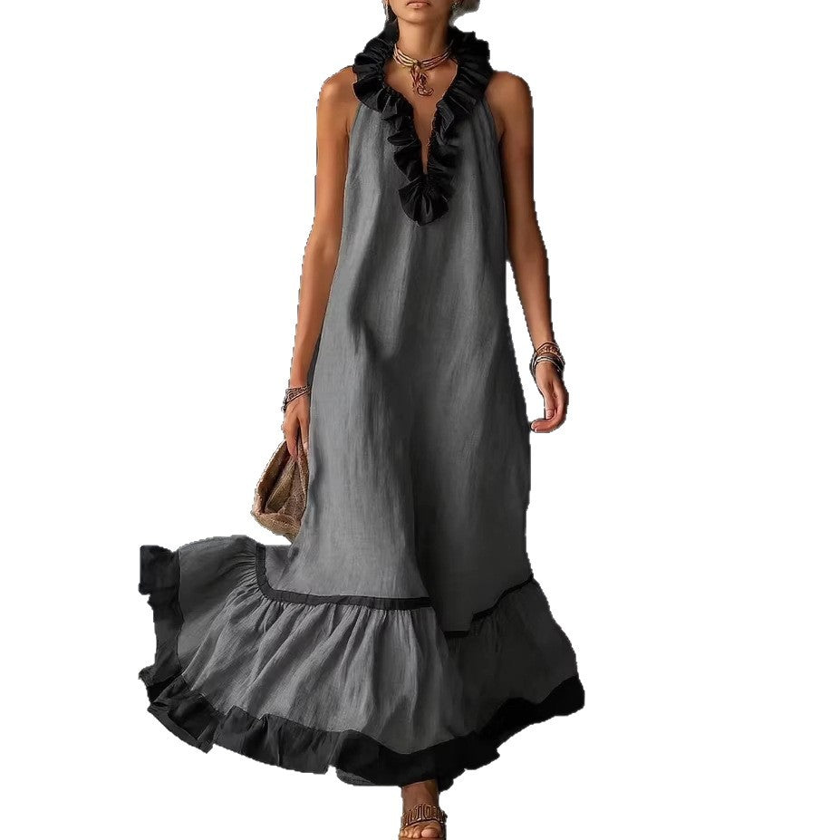 Sleeveless V-Neck Ruffle-Hem Maxi Dress