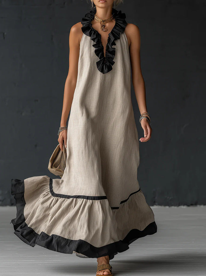 Sleeveless V-Neck Ruffle-Hem Maxi Dress