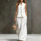 Elegant Cotton-Linen Women's Sleeveless Vest & Wide-Leg Matching Set | Effortless Co-Ord