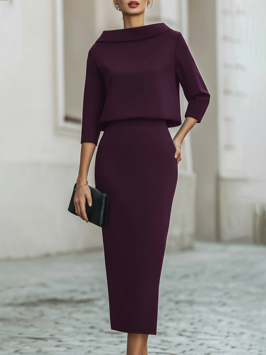 Boat-Neck Top & Midi Skirt Set — Two-Piece Outfit
