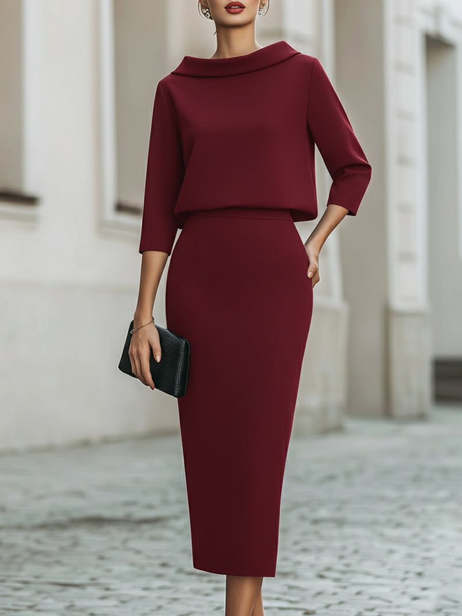 Boat-Neck Top & Midi Skirt Set — Two-Piece Outfit