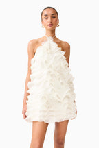 White textured Tencel halter mini dress, full view