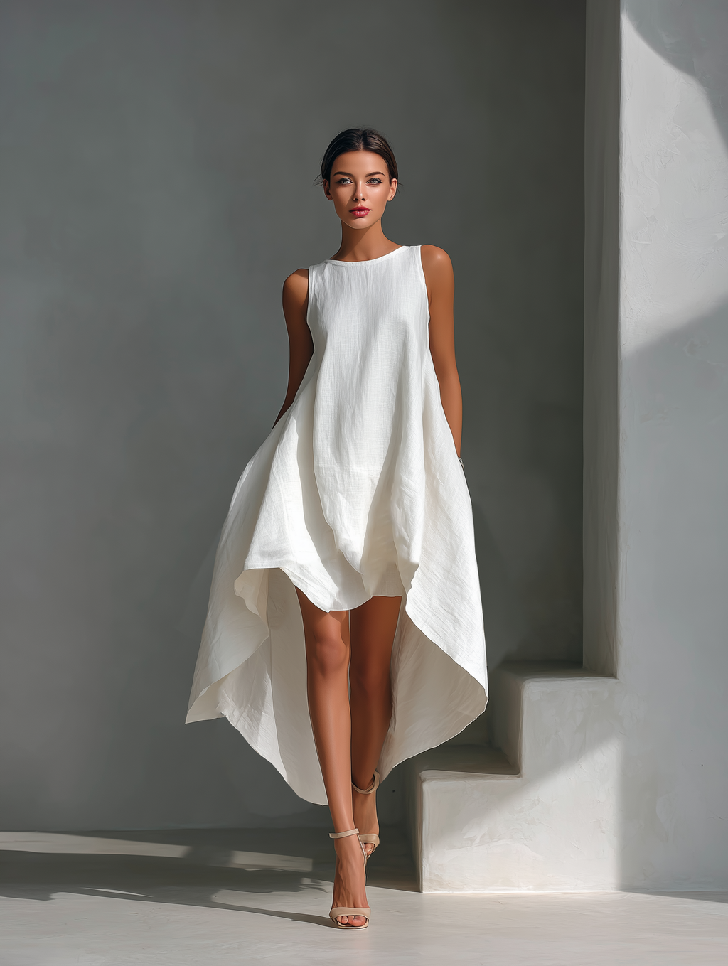 Sleeveless Linen Asymmetric Midi Dress