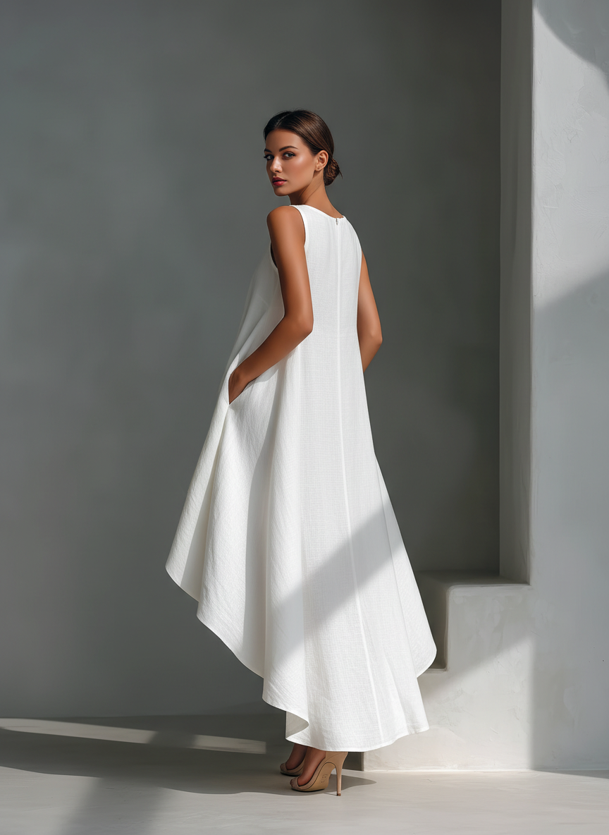 Sleeveless Linen Asymmetric Midi Dress