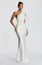 One-Shoulder Pleated Evening Gown — Floor-Length