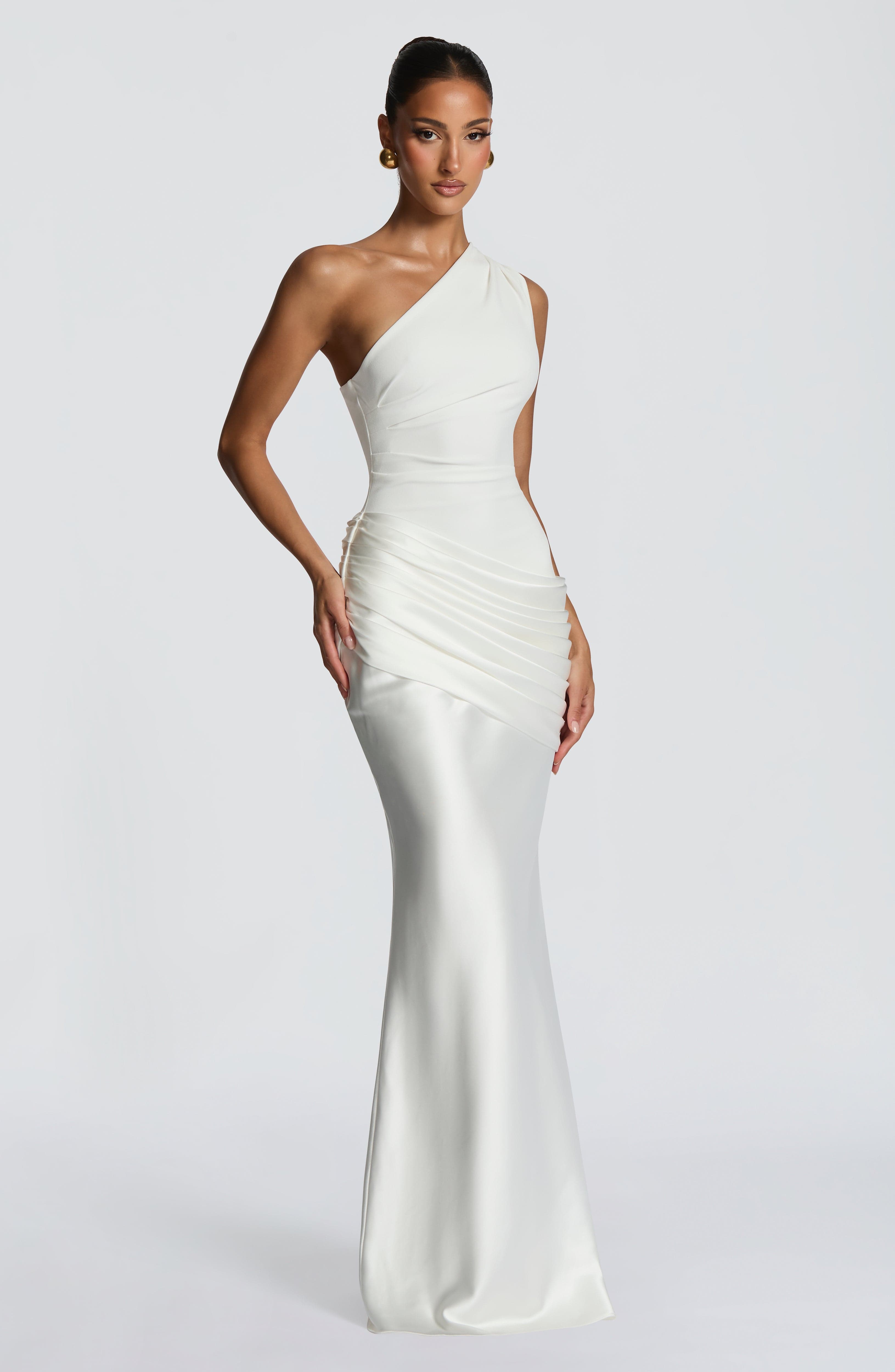 One-Shoulder Pleated Evening Gown — Floor-Length