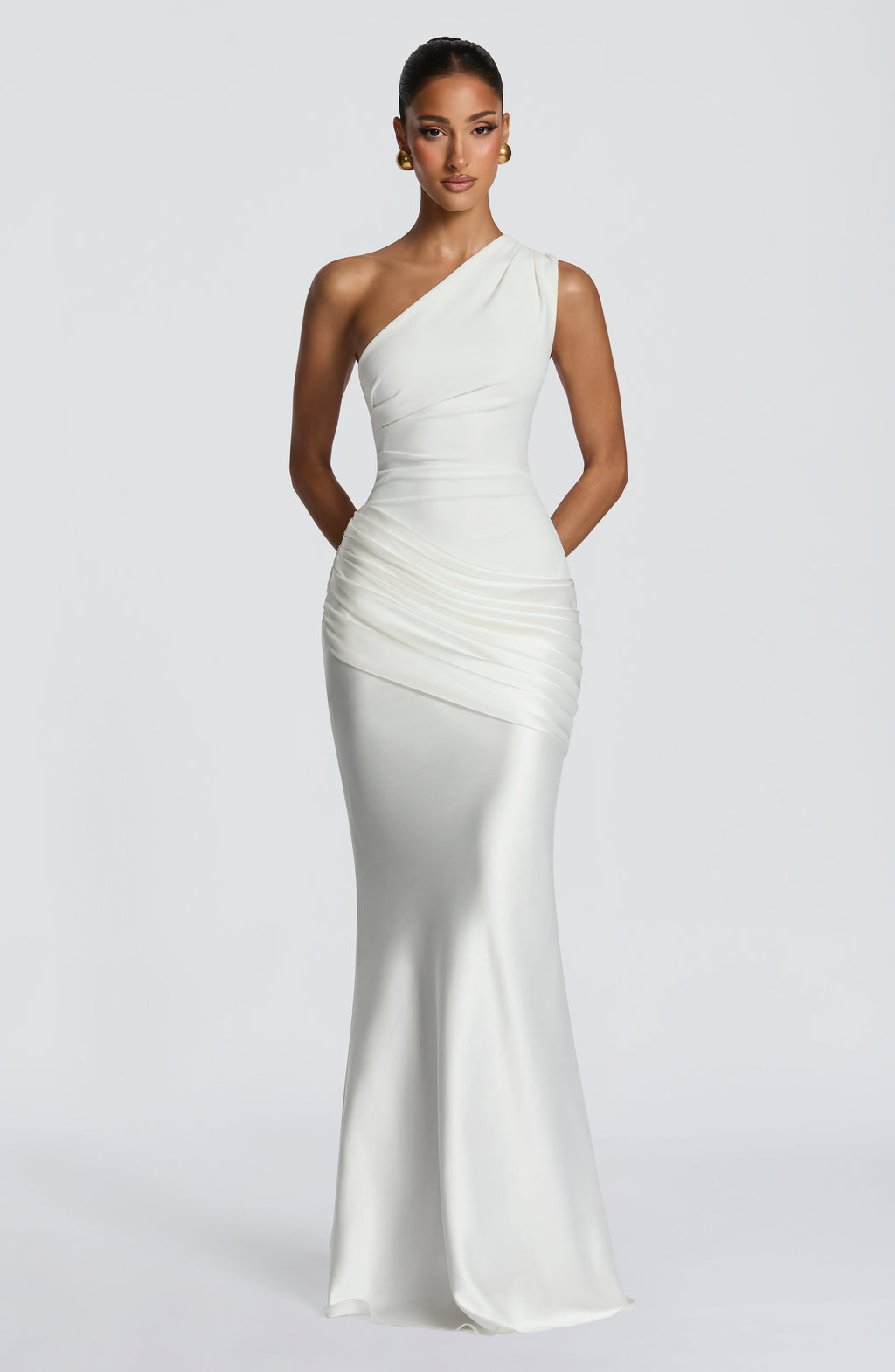 One-Shoulder Pleated Evening Gown — Floor-Length