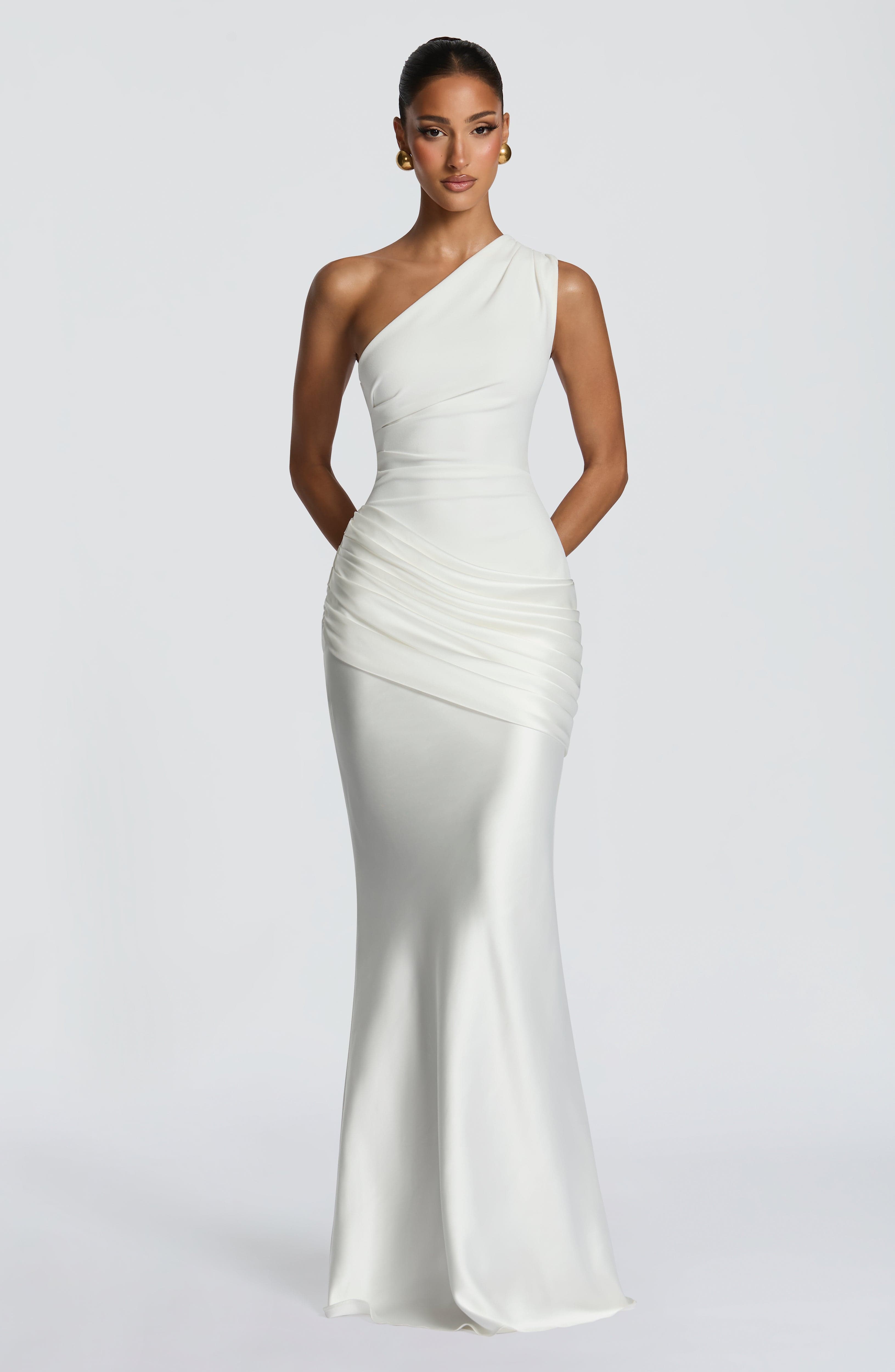 One-Shoulder Pleated Evening Gown — Floor-Length