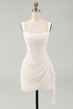 White Ruffled Bodycon Mini Dress — Square Neck